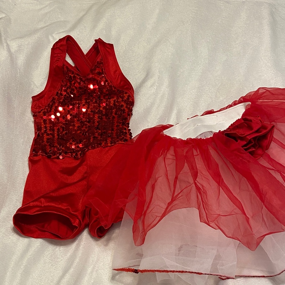 Like New Weissman Girls Dance Costume Red White Sequined Unitard w/ Shorts